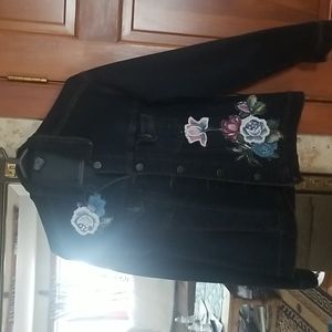 Embroidered seed bead jean jacket featuring a black lace seed bead back medium